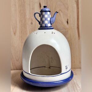 French Farmhouse Sponge Holder with Kettle White Blue Rustic Kitchen Decor